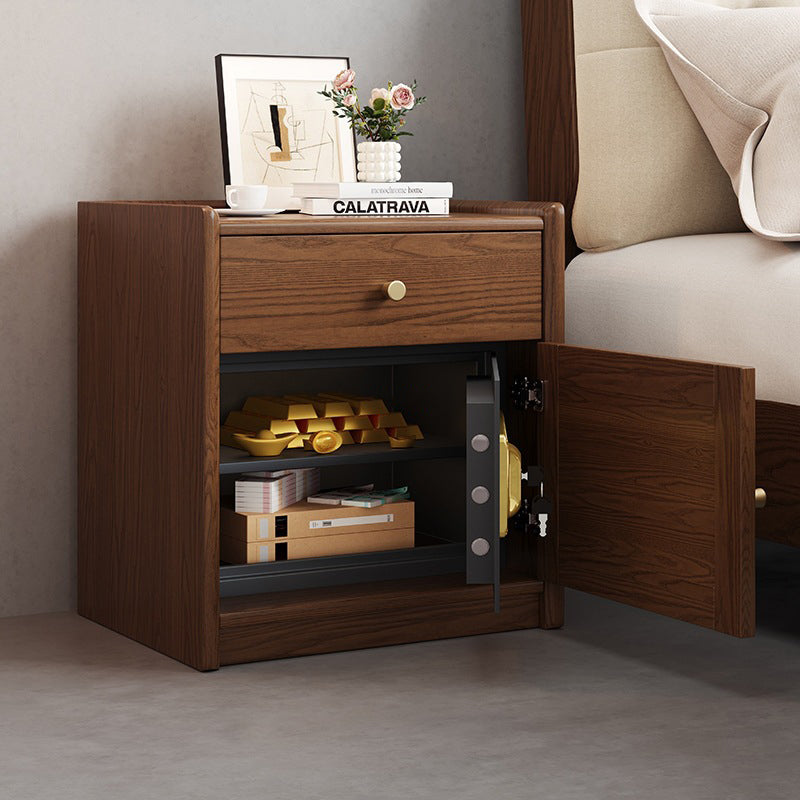 Modern Minimalist Square Rubberwood Plywood Steel Rattan Weaving Safe Deposit Box Nightstand 1-Drawer For Bedroom