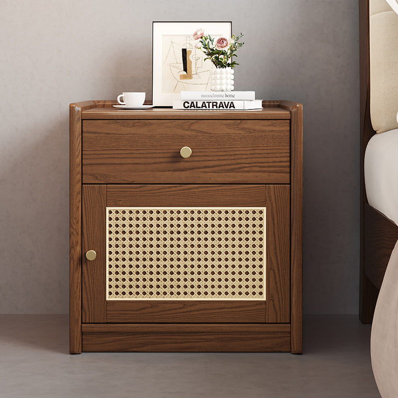 Modern Minimalist Square Rubberwood Plywood Steel Rattan Weaving Safe Deposit Box Nightstand 1-Drawer For Bedroom