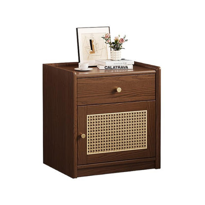 Modern Minimalist Square Rubberwood Plywood Steel Rattan Weaving Safe Deposit Box Nightstand 1-Drawer For Bedroom