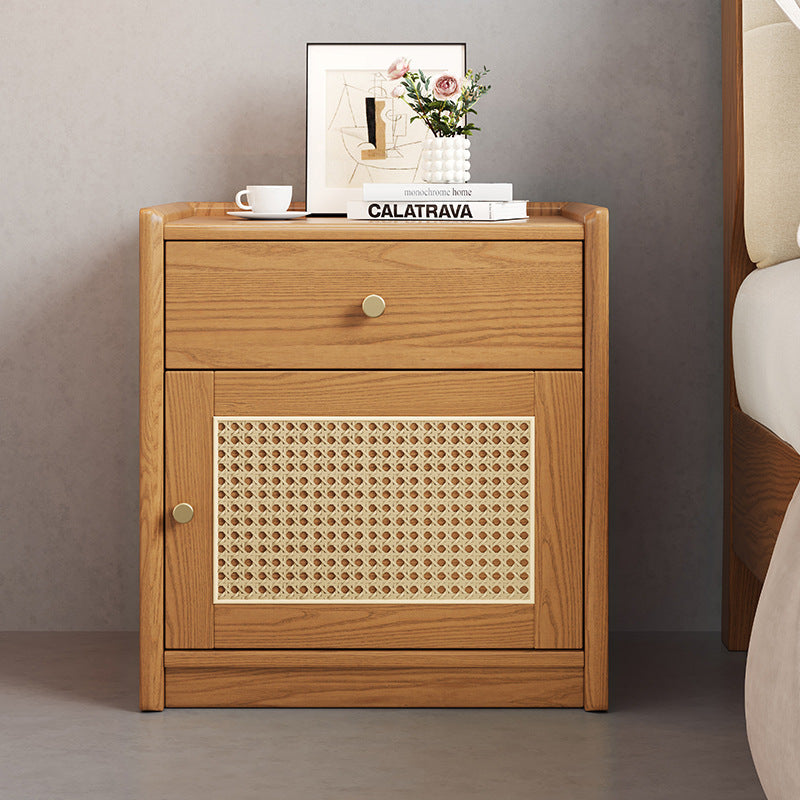 Modern Minimalist Square Rubberwood Plywood Steel Rattan Weaving Safe Deposit Box Nightstand 1-Drawer For Bedroom