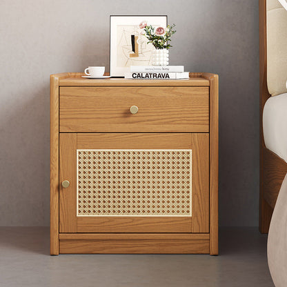 Modern Minimalist Square Rubberwood Plywood Steel Rattan Weaving Safe Deposit Box Nightstand 1-Drawer For Bedroom