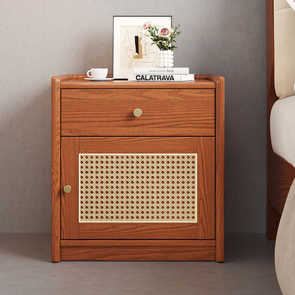 Modern Minimalist Square Rubberwood Plywood Steel Rattan Weaving Safe Deposit Box Nightstand 1-Drawer For Bedroom