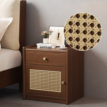 Modern Minimalist Square Rubberwood Plywood Steel Rattan Weaving Safe Deposit Box Nightstand 1-Drawer For Bedroom