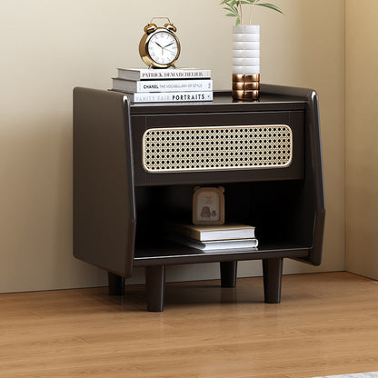Traditional Rustic Square Rubberwood Plywood Plastic Rattan Weaving Nightstand 1-Drawer For Bedroom