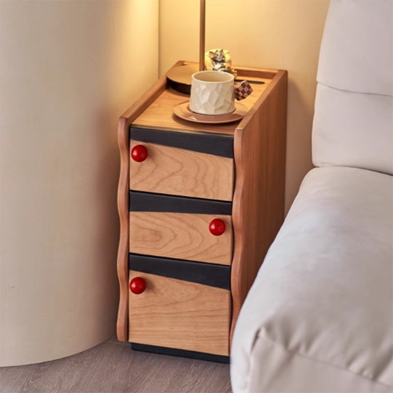 Traditional Vintage Narrow Rectangular Plywood Solid Wood Nightstand 3-Drawer For Bedroom
