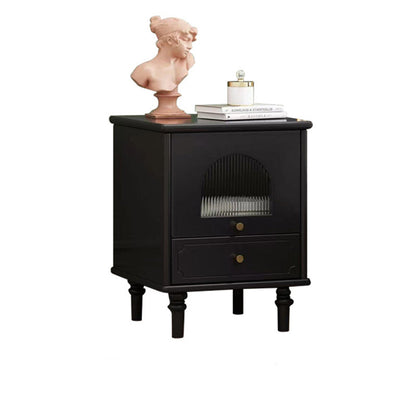 Contemporary Scandinavian Square Plywood Rubberwood Glass Nightstand 1-Drawer For Bedroom