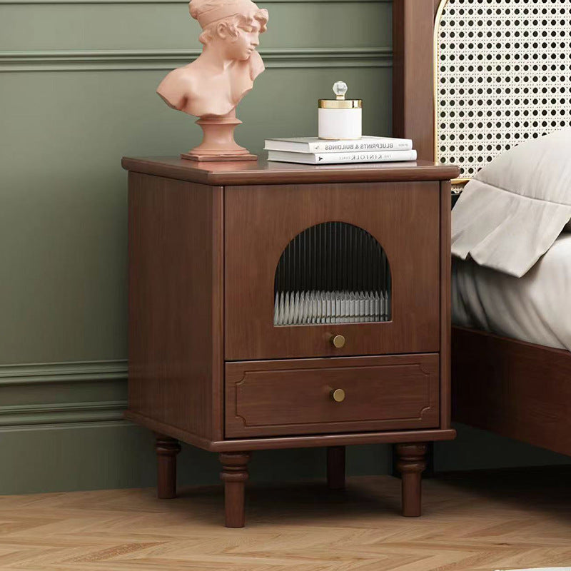 Contemporary Scandinavian Square Plywood Rubberwood Glass Nightstand 1-Drawer For Bedroom