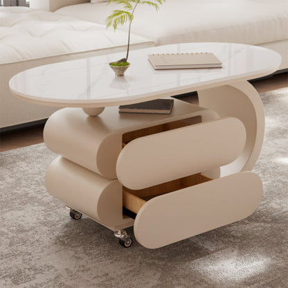 Modern Minimalist Oval Carbon Steel Rock Slab Plywood Movable Coffee Table 2-Drawer For Living Room