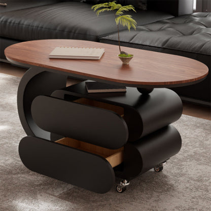 Modern Minimalist Oval Carbon Steel Rock Slab Plywood Movable Coffee Table 2-Drawer For Living Room