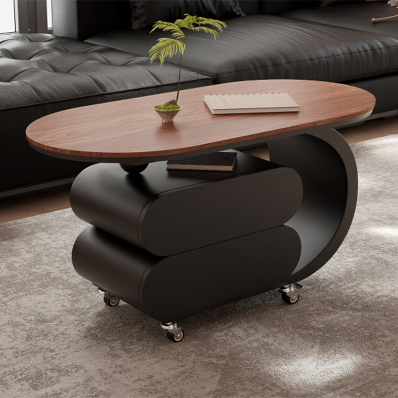 Modern Minimalist Oval Carbon Steel Rock Slab Plywood Movable Coffee Table 2-Drawer For Living Room