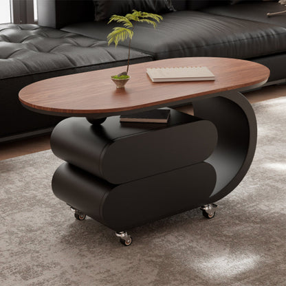 Modern Minimalist Oval Carbon Steel Rock Slab Plywood Movable Coffee Table 2-Drawer For Living Room