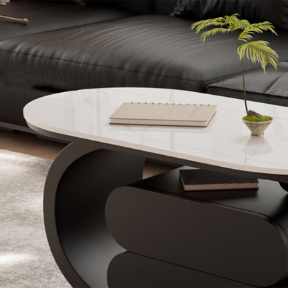 Modern Minimalist Oval Carbon Steel Rock Slab Plywood Movable Coffee Table 2-Drawer For Living Room
