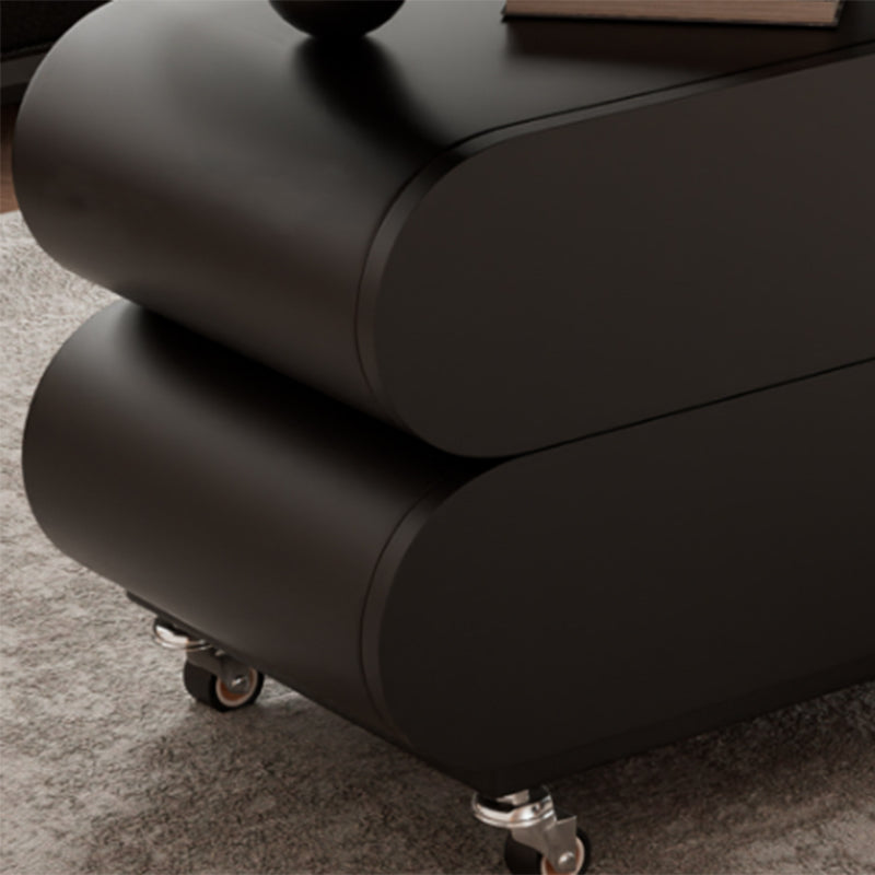 Modern Minimalist Oval Carbon Steel Rock Slab Plywood Movable Coffee Table 2-Drawer For Living Room