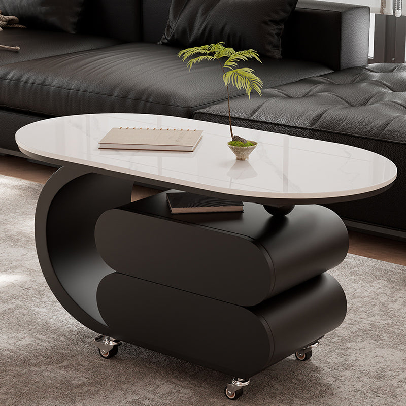 Modern Minimalist Oval Carbon Steel Rock Slab Plywood Movable Coffee Table 2-Drawer For Living Room