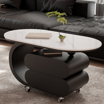 Modern Minimalist Oval Carbon Steel Rock Slab Plywood Movable Coffee Table 2-Drawer For Living Room