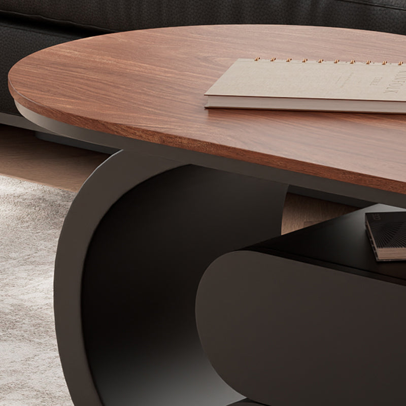 Modern Minimalist Oval Carbon Steel Rock Slab Plywood Movable Coffee Table 2-Drawer For Living Room
