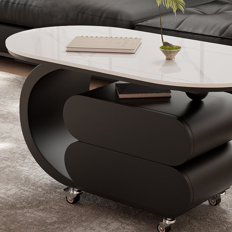Modern Minimalist Oval Carbon Steel Rock Slab Plywood Movable Coffee Table 2-Drawer For Living Room