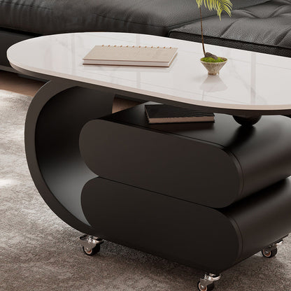 Modern Minimalist Oval Carbon Steel Rock Slab Plywood Movable Coffee Table 2-Drawer For Living Room