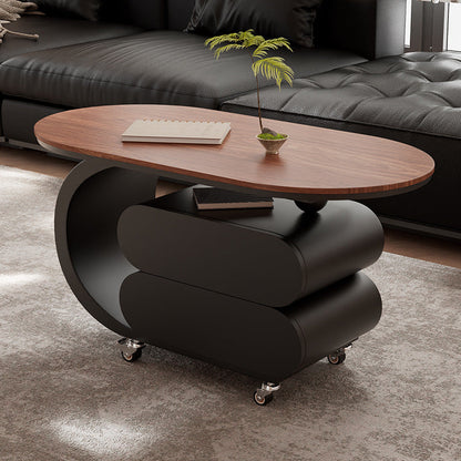 Modern Minimalist Oval Carbon Steel Rock Slab Plywood Movable Coffee Table 2-Drawer For Living Room