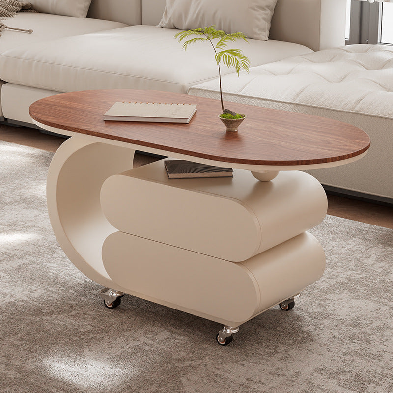 Modern Minimalist Oval Carbon Steel Rock Slab Plywood Movable Coffee Table 2-Drawer For Living Room