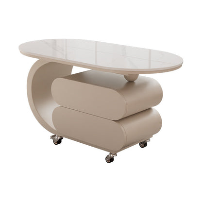 Modern Minimalist Oval Carbon Steel Rock Slab Plywood Movable Coffee Table 2-Drawer For Living Room