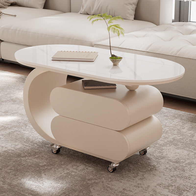 Modern Minimalist Oval Carbon Steel Rock Slab Plywood Movable Coffee Table 2-Drawer For Living Room