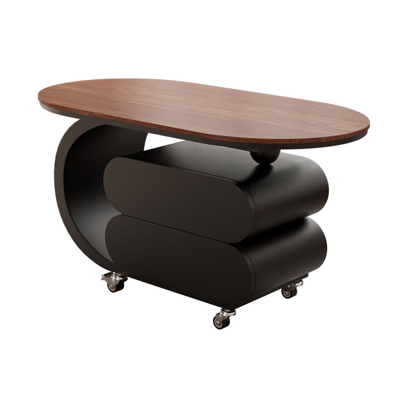 Modern Minimalist Oval Carbon Steel Rock Slab Plywood Movable Coffee Table 2-Drawer For Living Room