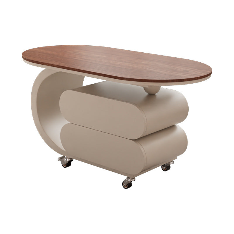 Modern Minimalist Oval Carbon Steel Rock Slab Plywood Movable Coffee Table 2-Drawer For Living Room