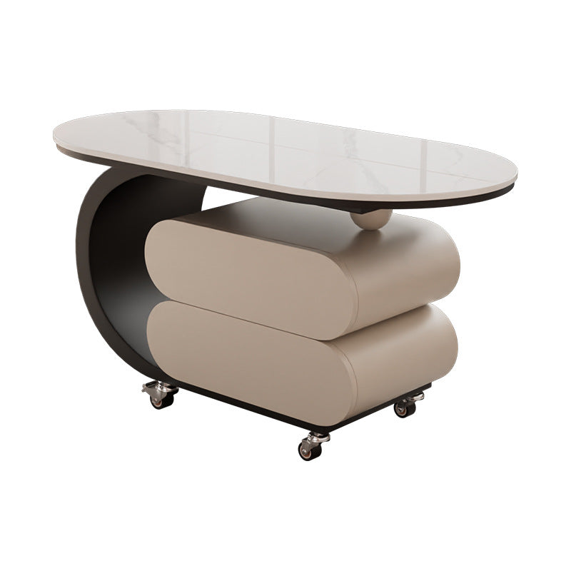 Modern Minimalist Oval Carbon Steel Rock Slab Plywood Movable Coffee Table 2-Drawer For Living Room