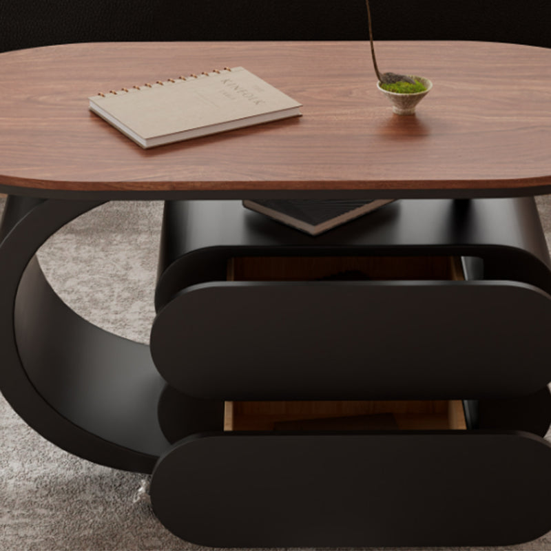 Modern Minimalist Oval Carbon Steel Rock Slab Plywood Movable Coffee Table 2-Drawer For Living Room