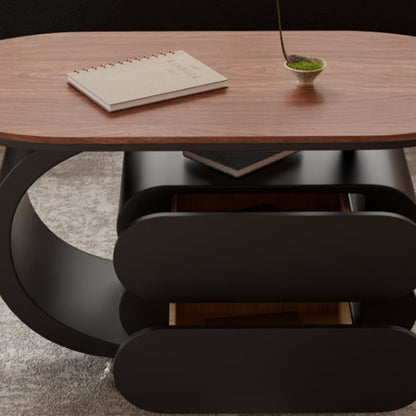 Modern Minimalist Oval Carbon Steel Rock Slab Plywood Movable Coffee Table 2-Drawer For Living Room