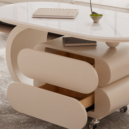 Modern Minimalist Oval Carbon Steel Rock Slab Plywood Movable Coffee Table 2-Drawer For Living Room