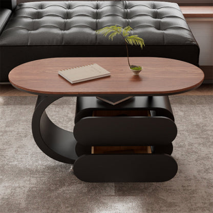 Modern Minimalist Oval Carbon Steel Rock Slab Plywood Movable Coffee Table 2-Drawer For Living Room