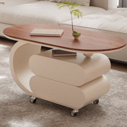 Modern Minimalist Oval Carbon Steel Rock Slab Plywood Movable Coffee Table 2-Drawer For Living Room