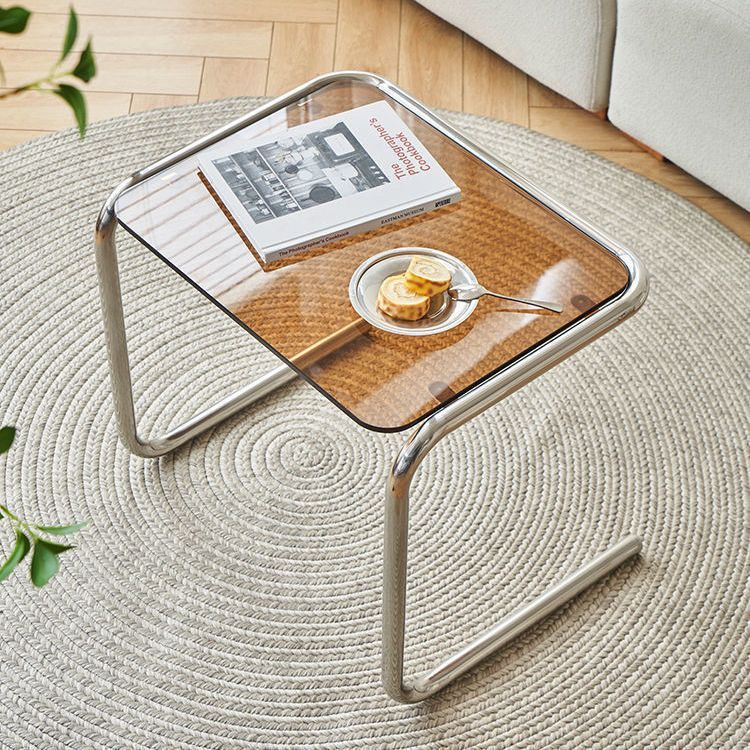 Contemporary Industrial Rectangular Stainless Steel Glass End Table 1-Tier For Living Room