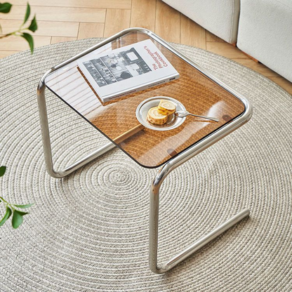 Contemporary Industrial Rectangular Stainless Steel Glass End Table 1-Tier For Living Room