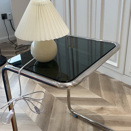 Contemporary Industrial Rectangular Stainless Steel Glass End Table 1-Tier For Living Room