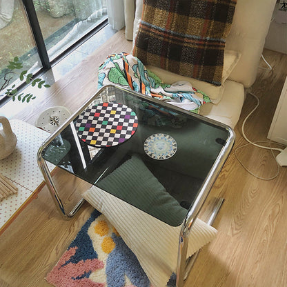 Contemporary Industrial Rectangular Stainless Steel Glass End Table 1-Tier For Living Room