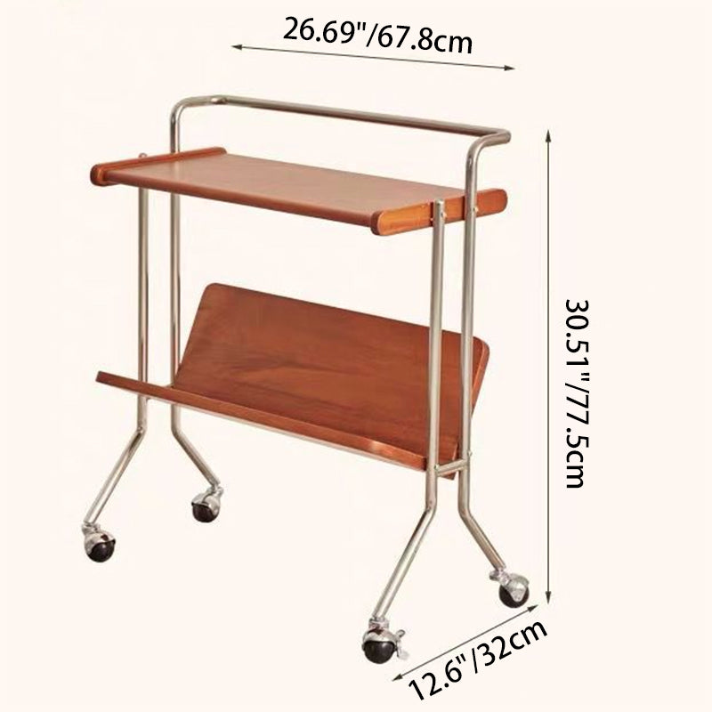 Modern Minimalist Rectangular Stainless Steel Rubberwood Movable End Table 2-Tier For Living Room