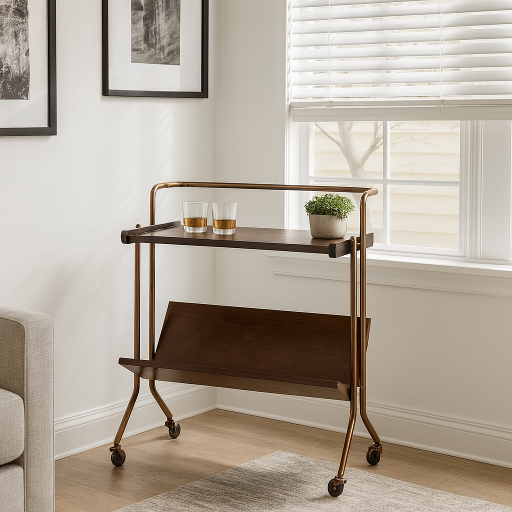 Modern Minimalist Rectangular Stainless Steel Rubberwood Movable End Table 2-Tier For Living Room