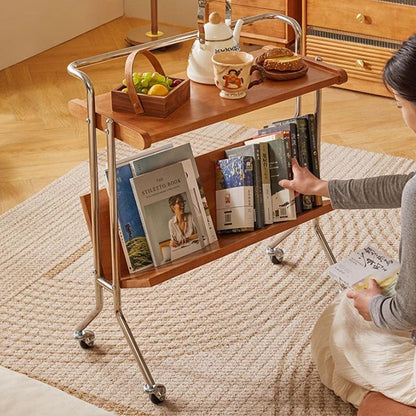Modern Minimalist Rectangular Stainless Steel Rubberwood Movable End Table 2-Tier For Living Room