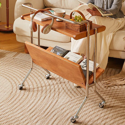Modern Minimalist Rectangular Stainless Steel Rubberwood Movable End Table 2-Tier For Living Room