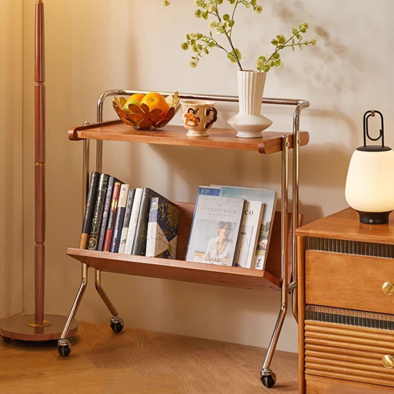 Modern Minimalist Rectangular Stainless Steel Rubberwood Movable End Table 2-Tier For Living Room
