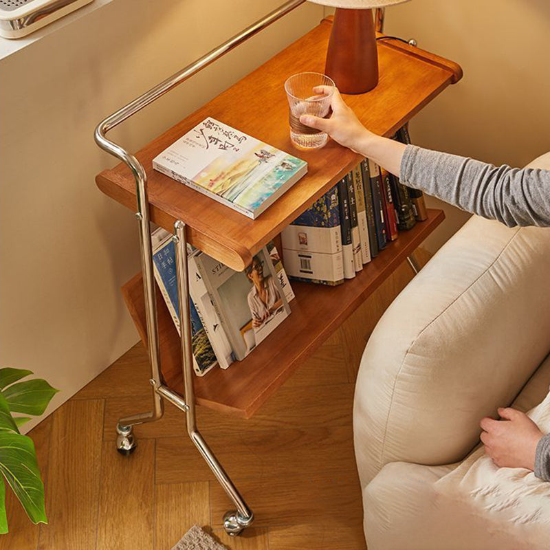 Modern Minimalist Rectangular Stainless Steel Rubberwood Movable End Table 2-Tier For Living Room