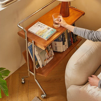 Modern Minimalist Rectangular Stainless Steel Rubberwood Movable End Table 2-Tier For Living Room