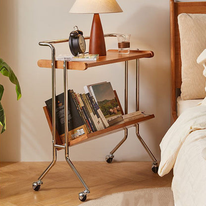 Modern Minimalist Rectangular Stainless Steel Rubberwood Movable End Table 2-Tier For Living Room