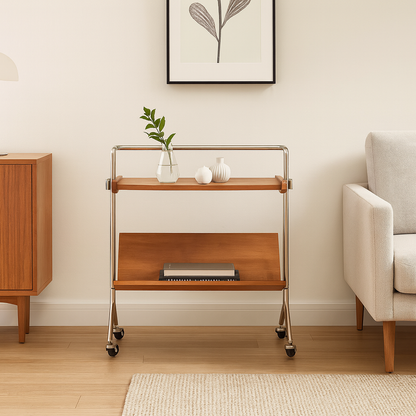Modern Minimalist Rectangular Stainless Steel Rubberwood Movable End Table 2-Tier For Living Room
