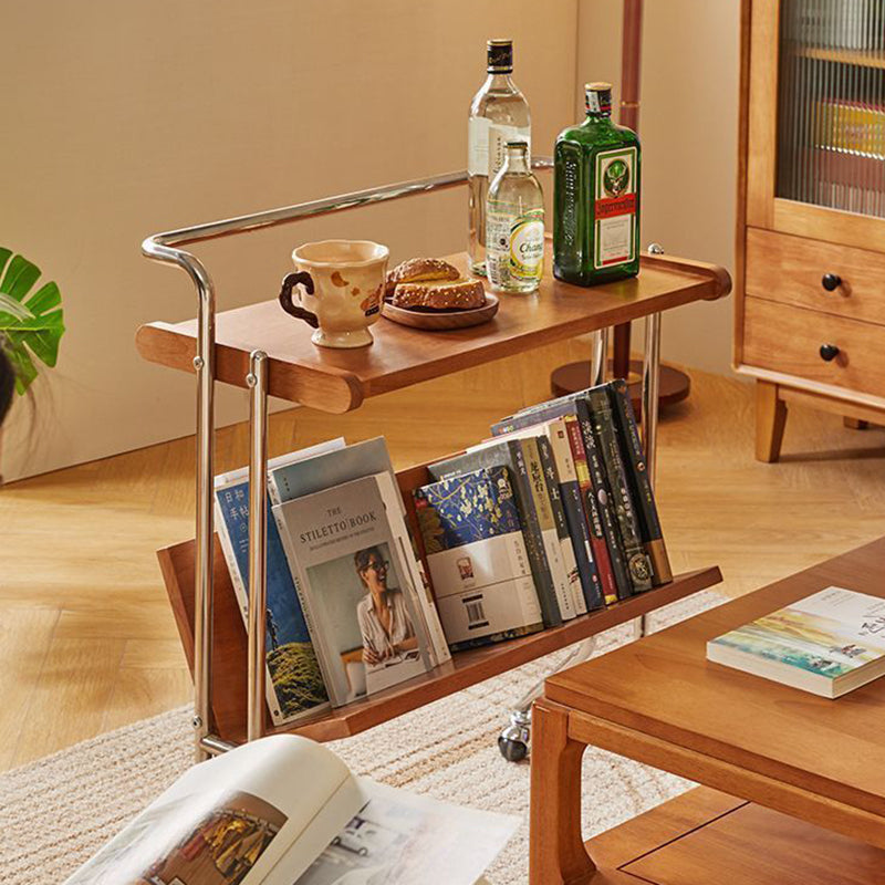 Modern Minimalist Rectangular Stainless Steel Rubberwood Movable End Table 2-Tier For Living Room