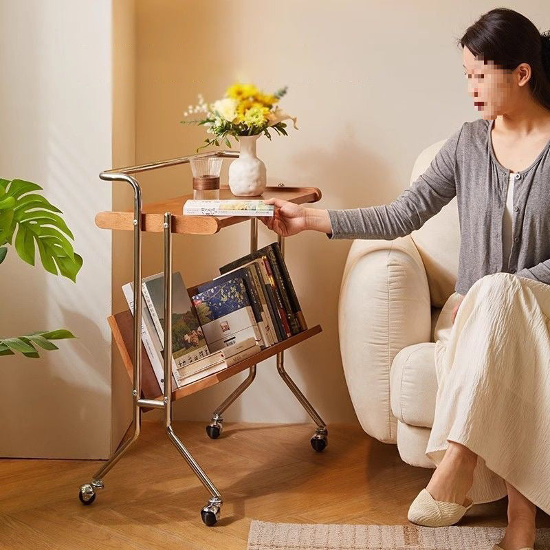 Modern Minimalist Rectangular Stainless Steel Rubberwood Movable End Table 2-Tier For Living Room