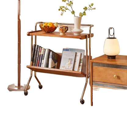 Modern Minimalist Rectangular Stainless Steel Rubberwood Movable End Table 2-Tier For Living Room